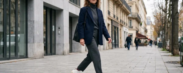 Person walking through a Parisian street wearing high-top sneakers with casual-chic outfit