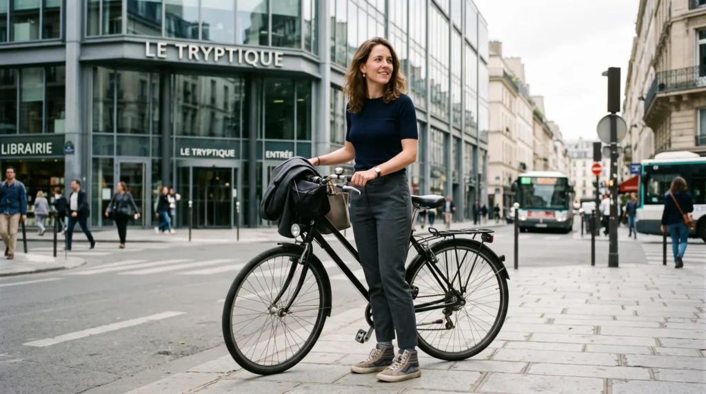 Professional standing with city bicycle wearing high-top sneakers and versatile urban outfit Professional standing with city bicycle wearing high-top sneakers and versatile urban outfit