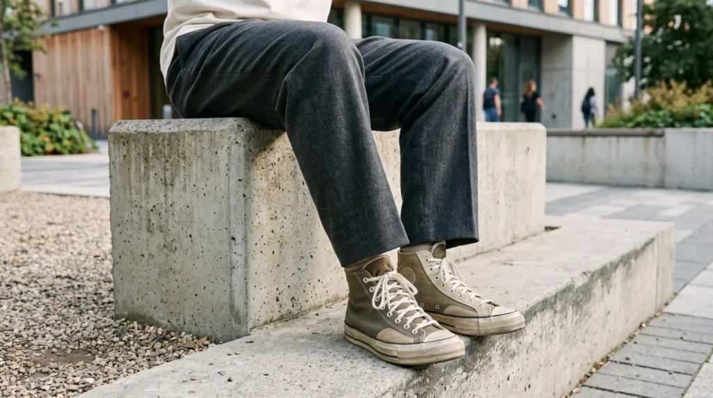 Detail view of high-top sneakers worn with fluid trousers showing balanced proportions Detail view of high-top sneakers worn with fluid trousers showing balanced proportions