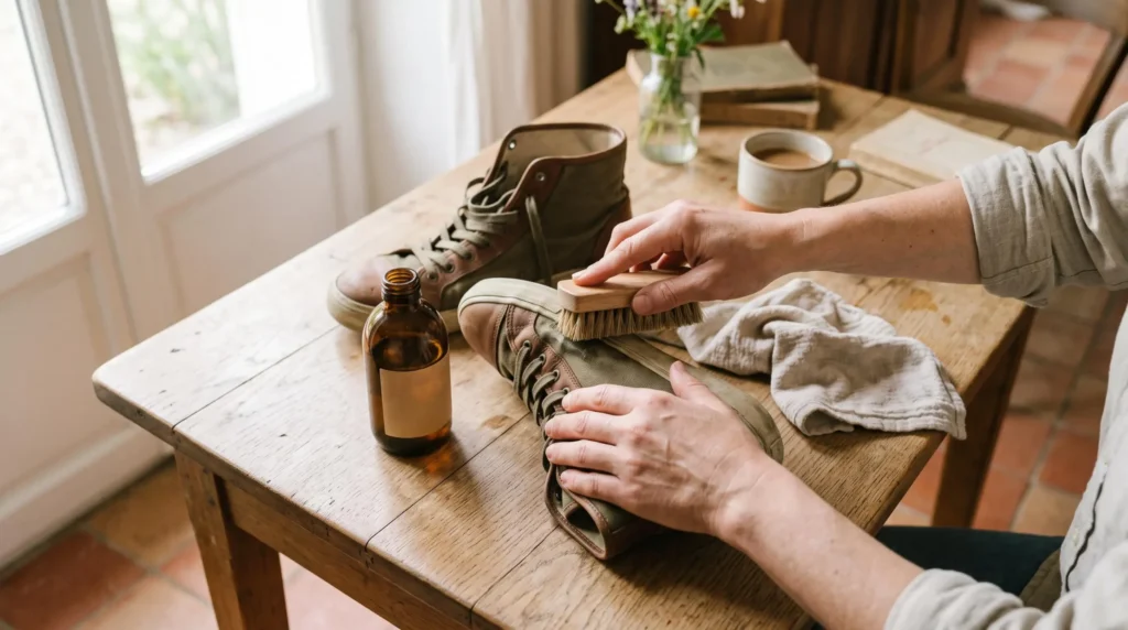 Hands cleaning high-top sneakers with brush on wooden table in natural home setting Hands cleaning high-top sneakers with brush on wooden table in natural home setting